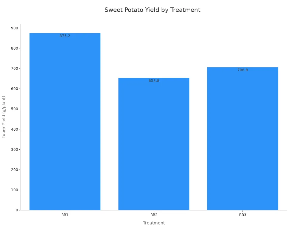 Bar chart comparing tuber yield for three sweet potato treatments
