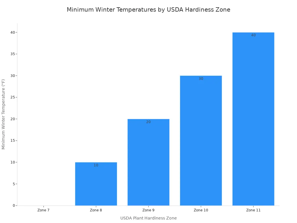 A bar chart showing the average annual minimum winter temperature for different USDA Plant Hardiness Zones. Zone 7 starts at 0°F, Zone 8 at 10°F, Zone 9 at 20°F, Zone 10 at 30°F, and Zone 11 at 40°F.