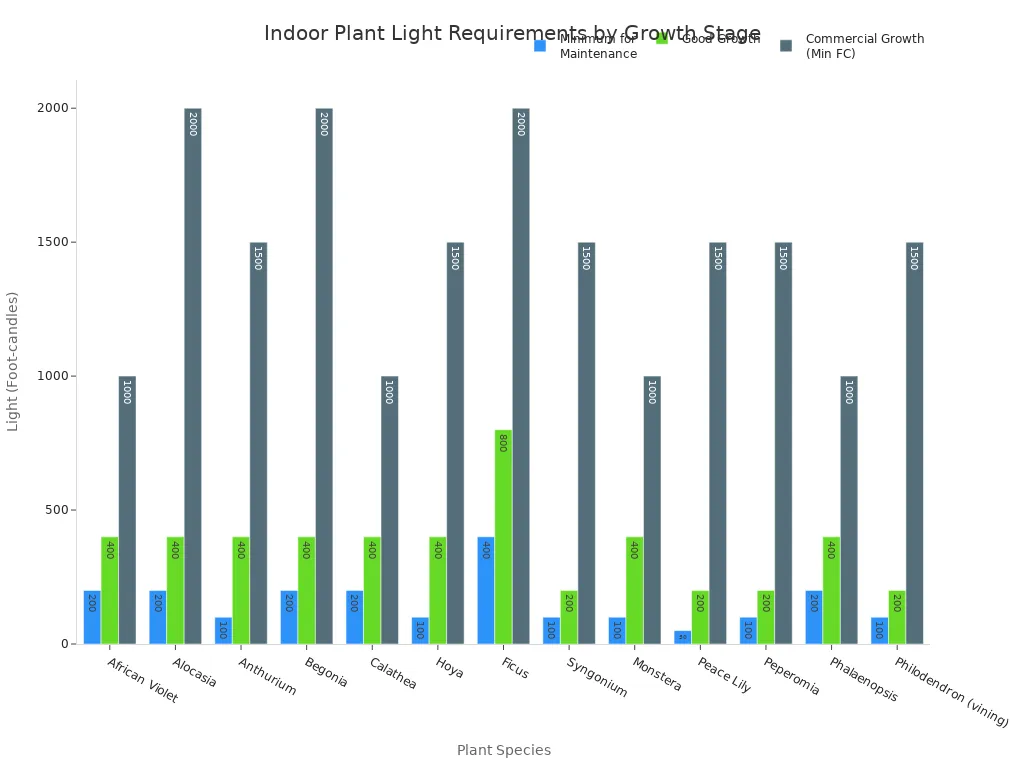 A grouped bar chart showing the minimum, good, and commercial growth light requirements in Foot-candles for various indoor plant species.